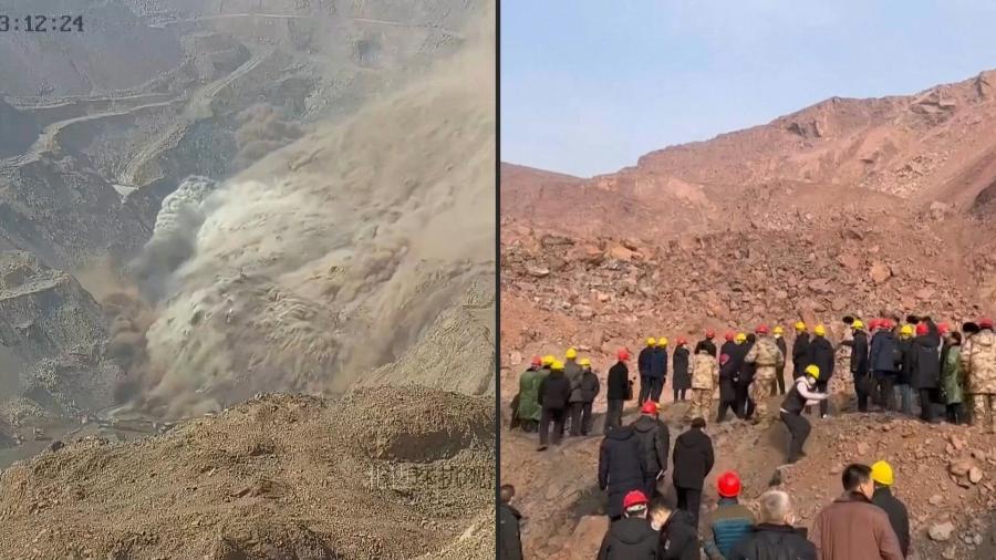 Mina a céu aberto operada pela pequena empresa local Xinjing Coal Mining Co desabou em um deslizamento de terra. - CCTV / AFP