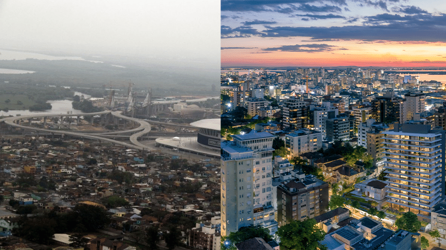 À esquerda, Vila Farrapos, uma das regiões mais pobres de Porto Alegre, no bairro Humaitá, e à direita, prédios no Moinhos de Vento, um dos bairros mais ricos e menos afetados pelas chuvas na capital gaúcha