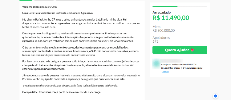 Falsa vaquinha de ajuda a "Rafael" tem meta de arrecadação de R$ 300 mil Falsa vaquinha de ajuda a "Rafael" tem meta de arrecadação de R$ 300 mil