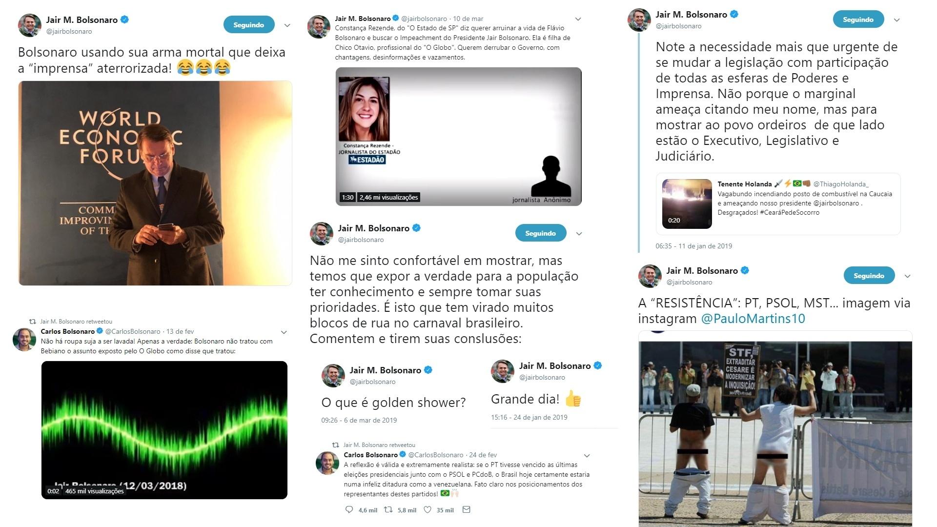 - montagem de tuites do presidente do brasil jair bolsonaro 1552665025236 v2 1920x1080 - O presidente internauta | Como a relação de amor de Bolsonaro com as redes sociais dá caneladas na democracia Reprodução/Twitter - montagem de tuites do presidente do brasil jair bolsonaro 1552665025236 v2 1920x1080 - O presidente internauta | Como a relação de amor de Bolsonaro com as redes sociais dá caneladas na democracia