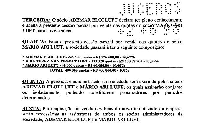 Documento mostra que Mário Luft transferiu cotas para ex-esposa e irmão após nascimento da filha, diz advogado - Reprodução - Reprodução