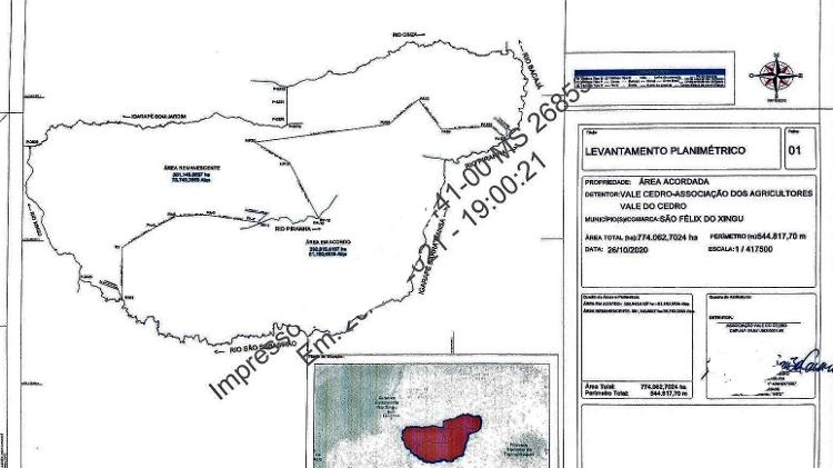 Mapa entregue ao STF mostra a divisão ao meio da atual Terra Indígena Apyterewa, com a perda, para os indígenas Parakanã, de 392 mil hectares (parte de baixo do mapa, chamada de "área em acordo"). - Reprodução - Reprodução