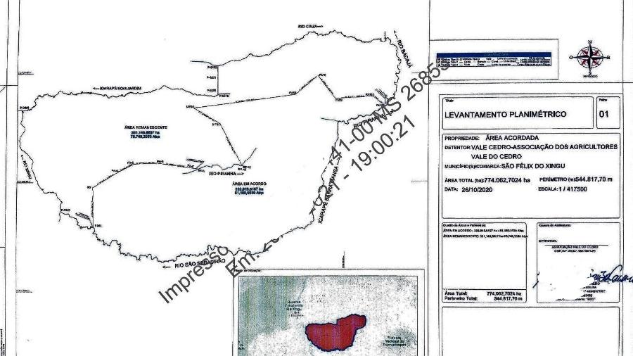 Mapa entregue ao STF mostra a divisão ao meio da atual Terra Indígena Apyterewa, com a perda, para os indígenas parakanãs, de 392 mil hectares (parte do mapa chamada de "área em acordo"). - Reprodução