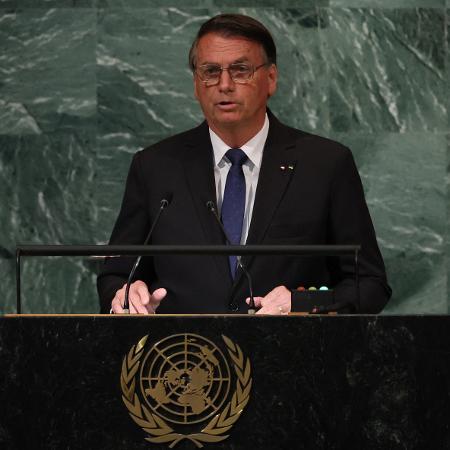20.set.22 - O presidente brasileiro Jair Bolsonaro discursa durante a 77ª Assembleia-Geral da ONU, em Nova York - Brendan McDermid/Reuters