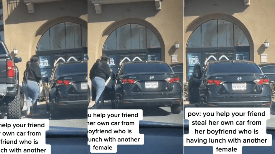 "Você ajuda sua amiga a roubar o próprio carro do namorado que está almoçando com outra mulher", escreveu a usuária com nome Alayshia no TikTok - Reprodução/TikTok