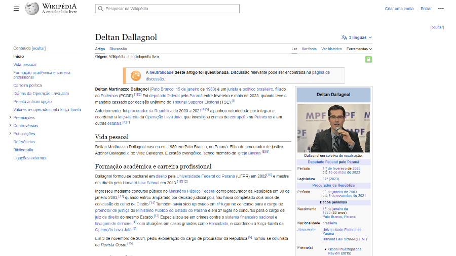 Página do Wikipedia com a biografia de Dallagnol foi atualizada horas após cassação - Reprodução