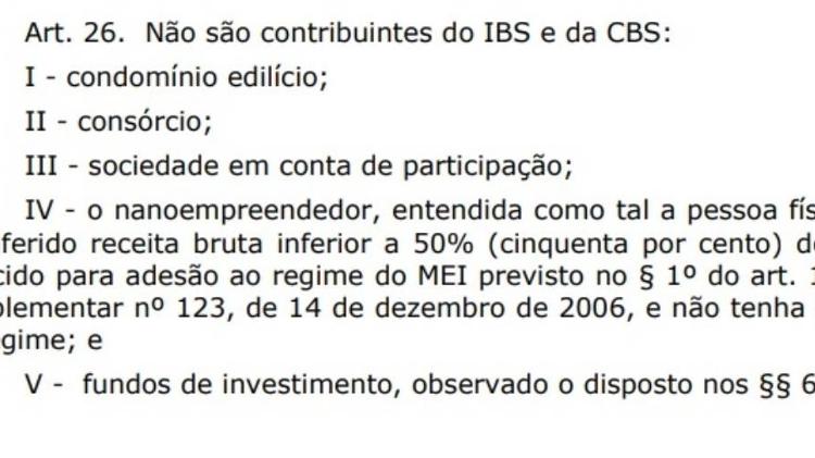 Trecho de texto da reforma tributária que isenta nanoempreendedores do IBS e CBS