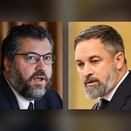 Montagem com as fotos do ex-chanceler Ernesto Araújo e Santiago Abascal, presidente do Vox, partido da extrema direita espanhola