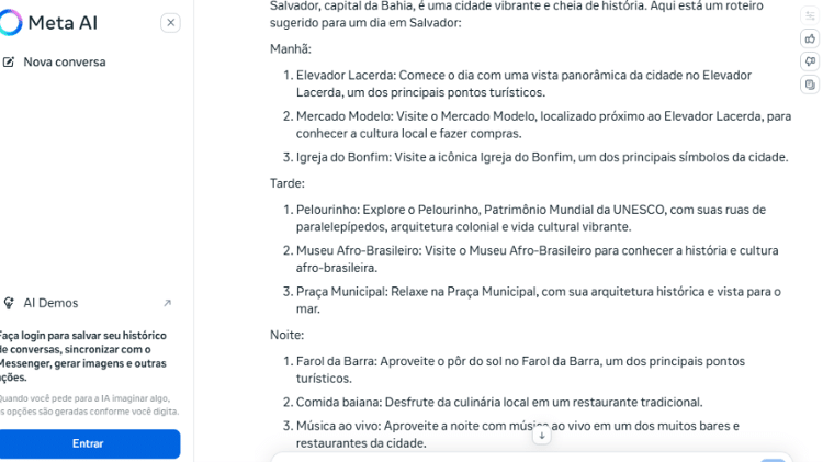 Roteiro em Salvador gerado pela Meta AI