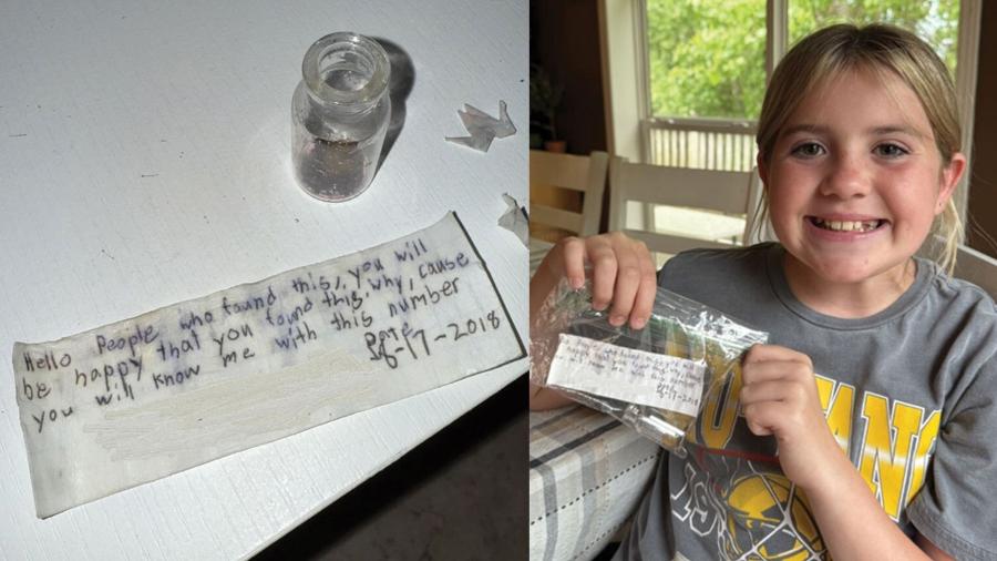 Conteúdo de uma garrafa descoberta por Josie Law, 11, e sua família, no Michigan (EUA) Conteúdo de uma garrafa descoberta por Josie Law, 11, e sua família, no Michigan (EUA)