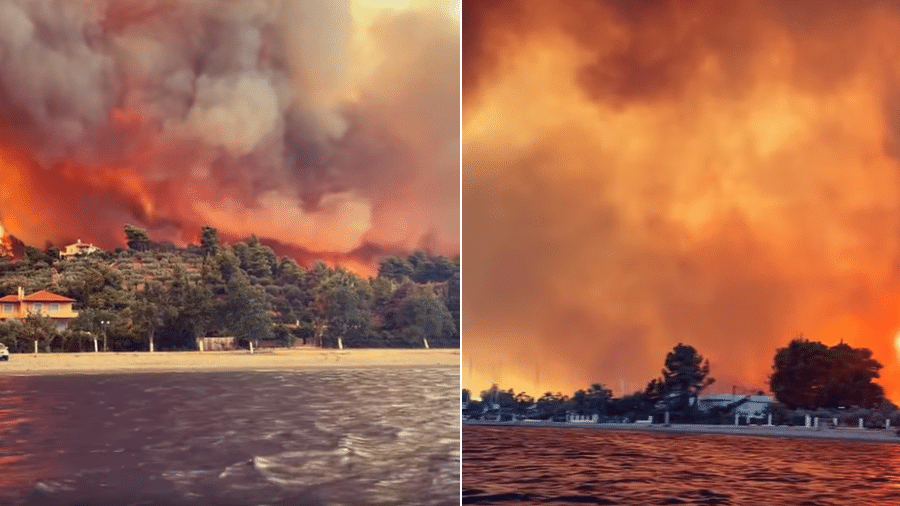 Vídeo divulgado em uma pagina nas redes sociais mostra as chamas na ilha de Eubeia, na Grécia - Greek Gateway/Reprodução