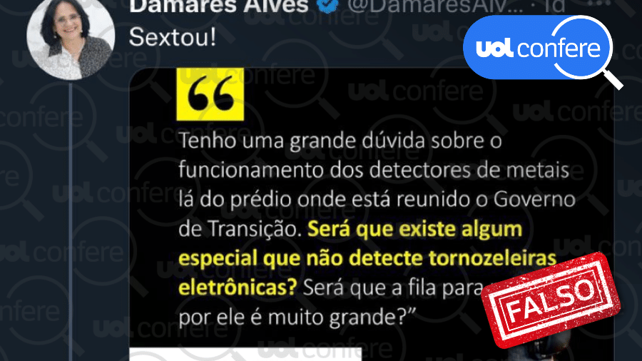 21.nov.2022 - Post de Damares Alves (Republicanos) mente sobre governo de transição de Luiz Inácio Lula da Silva (PT)  - Arte/UOL sobre Reprodução/Twitter