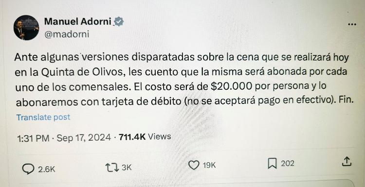 Por meio da rede social X, o porta-voz do governo argentino, Manuel Adorni, afirmou que cada parlamentar pagaria por sua refeição