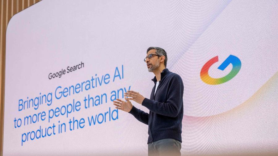 Sundar Pichai, CEO do Google, em apresentação durante o evento Google I/O 2025 Sundar Pichai, CEO do Google, em apresentação durante o evento Google I/O 2025