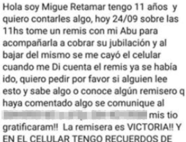 Garoto de 11 anos disse ter ficado devastado depois de perder o telefone quando acompanhava sua avó ao banco na cidade de San Juan - Reprodução/Facebook