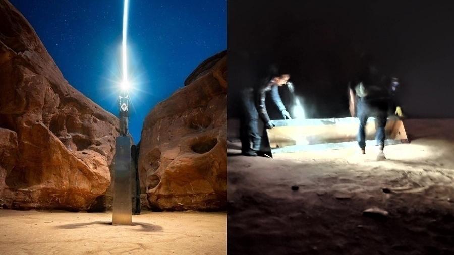 O fotógrafo e amigos afirmam que estavam no deserto de Utah quando viram homens retirando o monólito do local (à dir.) - Reprodução/Instagram/@rossbernards