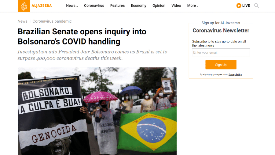 Para a Al Jazeera, com sede no Qatar, a CPI da Covid pode prejudicar as chances de Bolsonaro contra Lula em 2022 - Reprodução/Al Jazeera