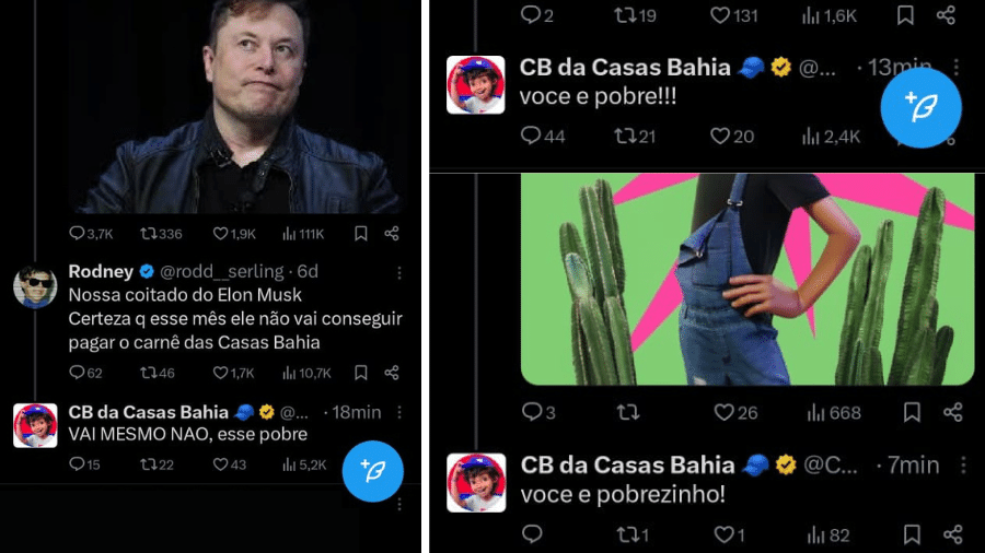 O perfil oficial da Casas Bahia no X (antigo Twitter) respondeu internautas com a palavra "pobres" e afirmando "você é pobrezinho" - Reprodução/X/Casas Bahia