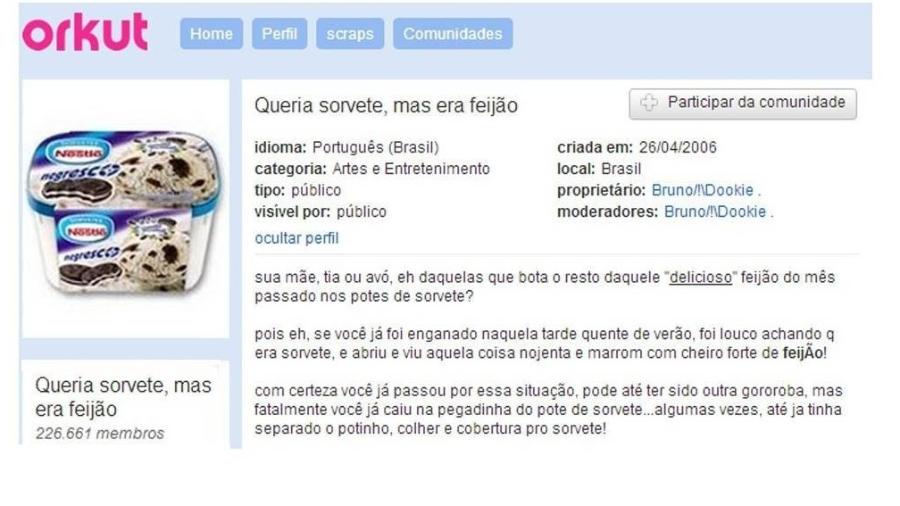 Comunidade "Queria sorvete, mas era feijão" do Orkut tira sarro com potes de sorvete que após utilizados são usados para armazenar feijão - Reprodução