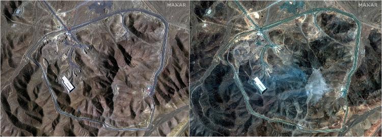 Complexo da Usina Nuclear de Fordow, no Irã, em 20 de junho (à esquerda), antes do ataque dos EUA, e em 22 de junho, após ataque. Análise das duas imagens em comparação com registros anteriores, de 2009, revelam que americanos atingiram dutos de ventilação Complexo da Usina Nuclear de Fordow, no Irã, em 20 de junho (à esquerda), antes do ataque dos EUA, e em 22 de junho, após ataque. Análise das duas imagens em comparação com registros anteriores, de 2009, revelam que americanos atingiram dutos de ventilação