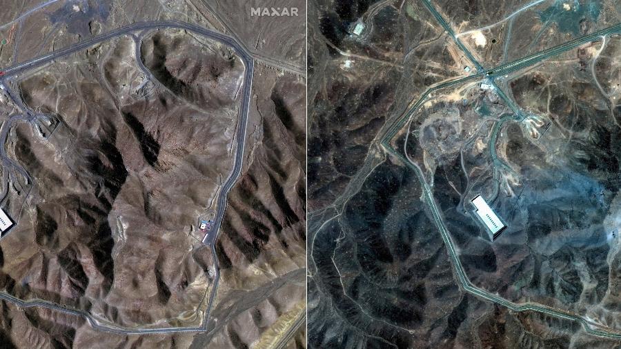 Complexo da Usina Nuclear de Fordow, no Irã, em 20 de junho (à esquerda), antes do ataque dos EUA, e em 22 de junho, após ataque. Análise das duas imagens em comparação com registros anteriores, de 2009, revelam que americanos atingiram dutos de ventilação
