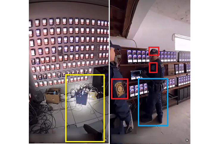 Vídeo falso contém erros comuns de IA, como a arma que "funciona" como uma lanterna (em amarelo), uniformes dos policiais com distintivos diferentes (em vermelho) e as pernas de um dos agentes em posição que não é natural (em azul)