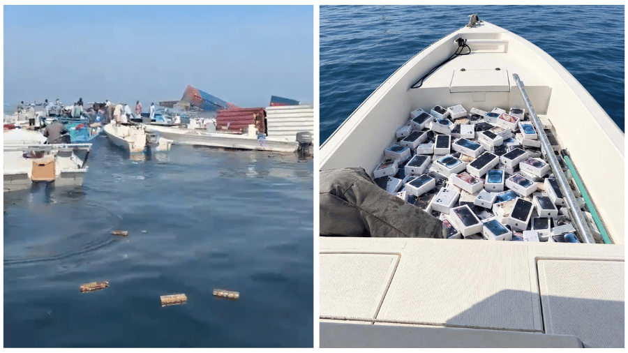 Imagens que circulam nas redes mostram caixas e outras mercadorias na água, atribuídas à carga do navio GFS Pride, que afundou no Estreito de Ormuz - undefined