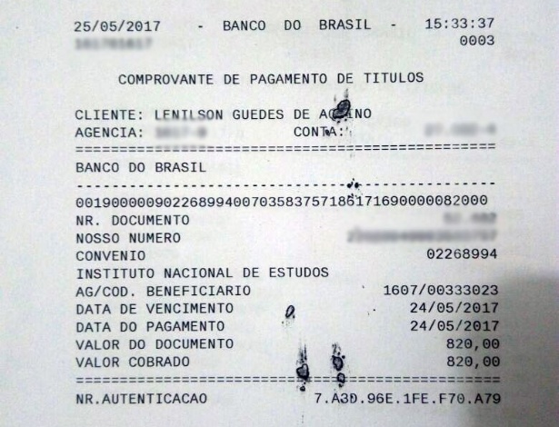Comprovante de pagamento do Enem feito por candidato da Paraíba. Ele pagou um valor 10 vezes maior do que a taxa correta - Arquivo pessoal