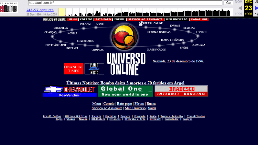 Página inicial do UOL em dezembro de 1996, resgatada pela WayBack Machine - Reprodução