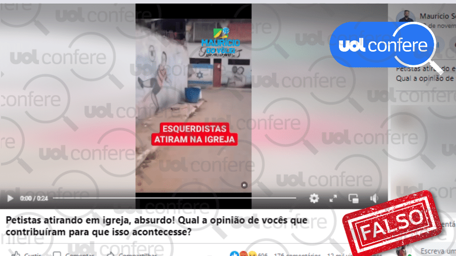 16.nov.2022 - Vídeo não mostra petistas atirando contra igreja - Arte/UOL sobre Reprodução/Facebook