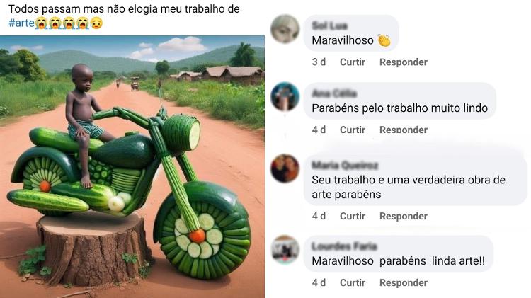 Imagem gerada por IA mostra garoto com moto feita de vegetais; comentários elogiam