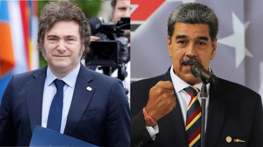 Javier Milei, presidente da Argentina, e Nicolás Maduro, presidente da Venezuela