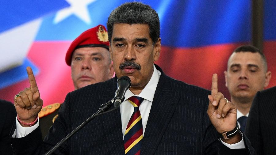 9.ago.2024 - Nicolás Maduro durante pronunciamento à imprensa em Caracas