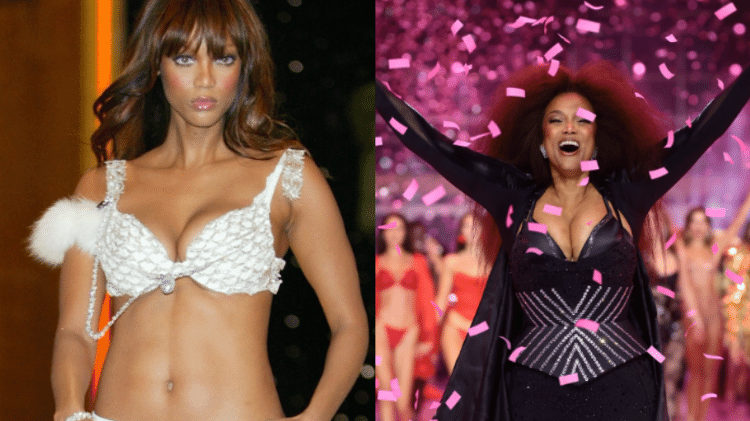 À esquerda, a modelo Tyra Banks no Victoria's Secret Fashion Show de 2002. À direita, Tyra no encerramento do desfile de 2024