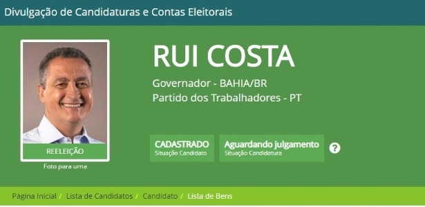 Rui Costa (PT) em ficha de registro de candidatura do TSE