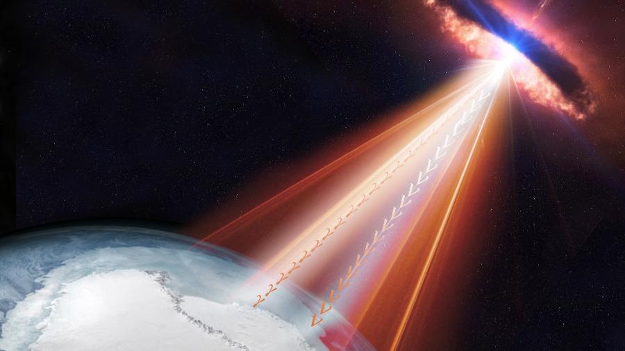 Ilustração de blazar, um buraco negro supermassivo, emitindo raios gama e neutrinos em direção à Terra - IceCube/NASA