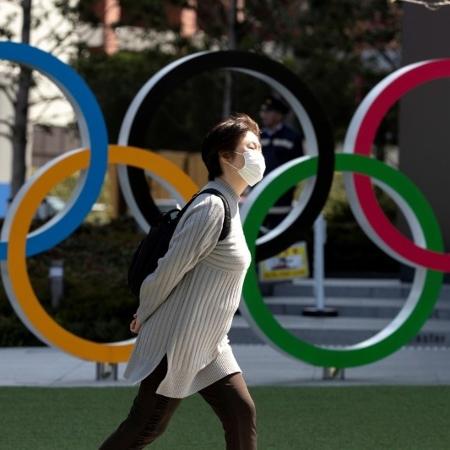 Mulher com máscara de proteção passa por anéis olímpicos em Tóquio - Athit Perawongmetha