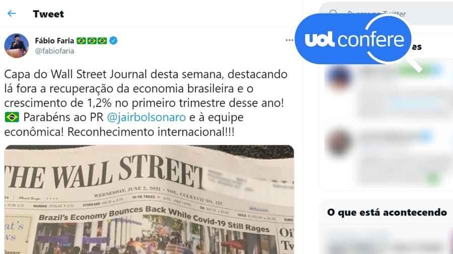 7.jun.2021 - Tweet do ministro Fábio Faria destaca dado positivo e omite informações de reportagem do Wall Street Journal - Reprodução/Twitter Fábio Faria