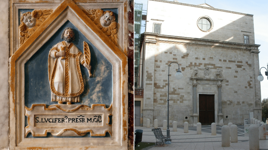 Montagem mostrando a imagem de São Lúcifer (à esquerda) e a igreja do santo (à direita)