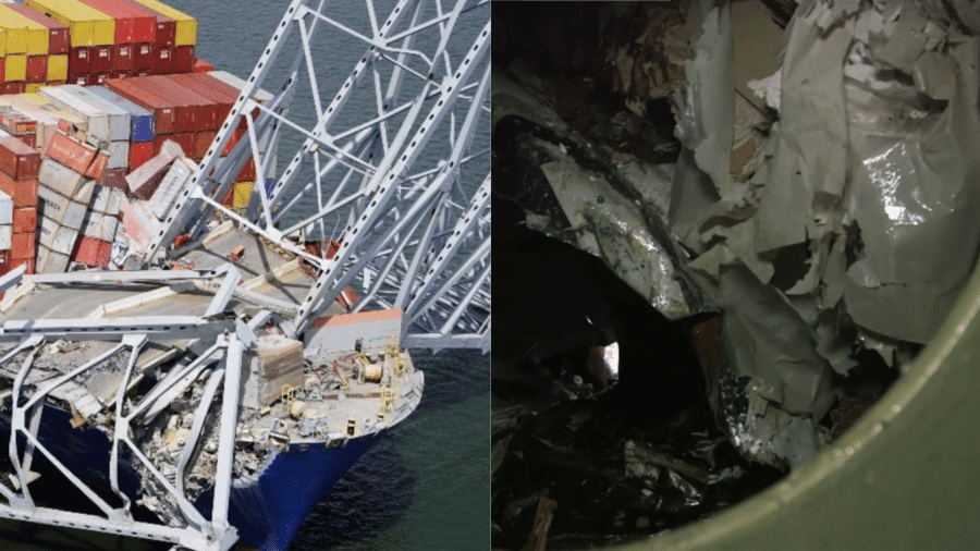 Engenheiros e investigadores entraram nos destroços de navio que bateu em ponte em Baltimore, nos EUA