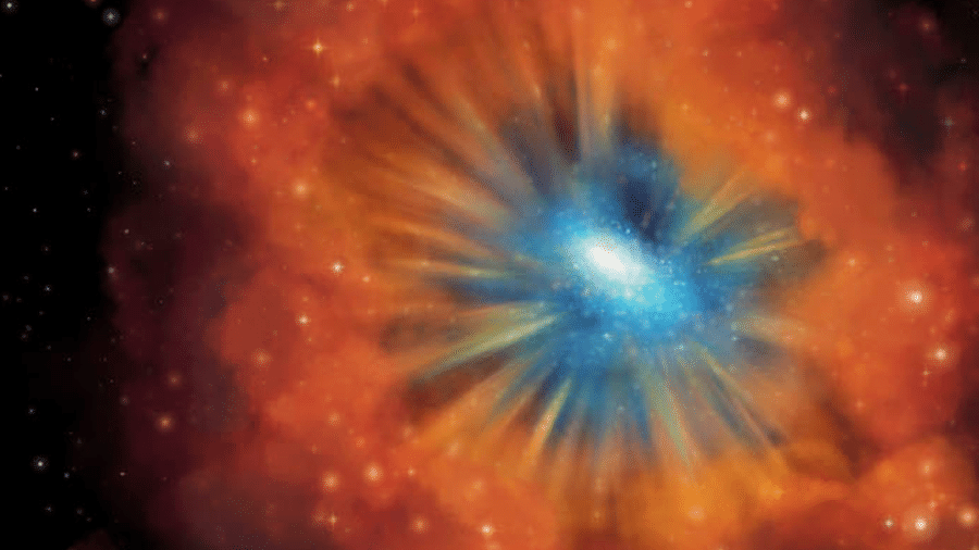 Ilustração de uma galáxia com o quasar em seu centro, cercado pela poeira - Michelle Vigeant/University of Kansas