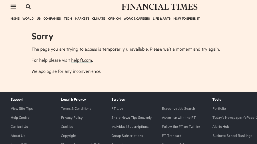 Sites de notícias, como o Financial Times, amanhecem fora do ar por instabilidade - Reprodução