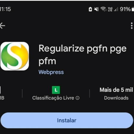  Captura de tela de um dos apps que a AGU pediu ao Google para tirar da loja de aplicativos. Ele é chamado de Regularize pgfn pge pfm