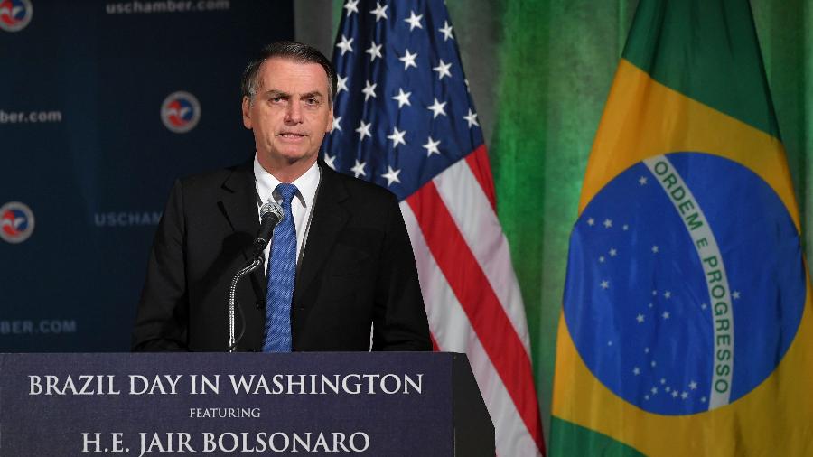 18.03.2019 - Jair Bolsonaro fala durante encontro com investidores em Washington, nos Estados Unidos - Mandel Ngan/AFB