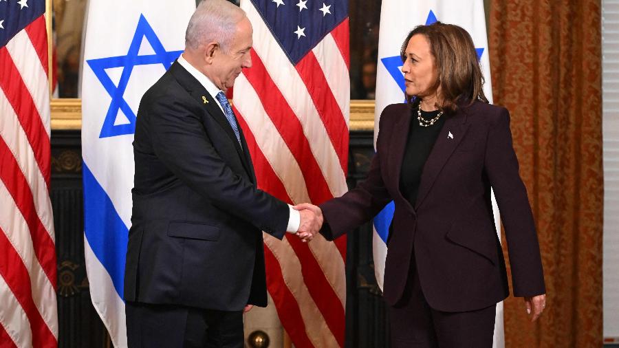 Primeiro-ministro de Israel, Benjamin Netanyahu, e a vice-presidente dos EUA, Kamala Harris, em Washington