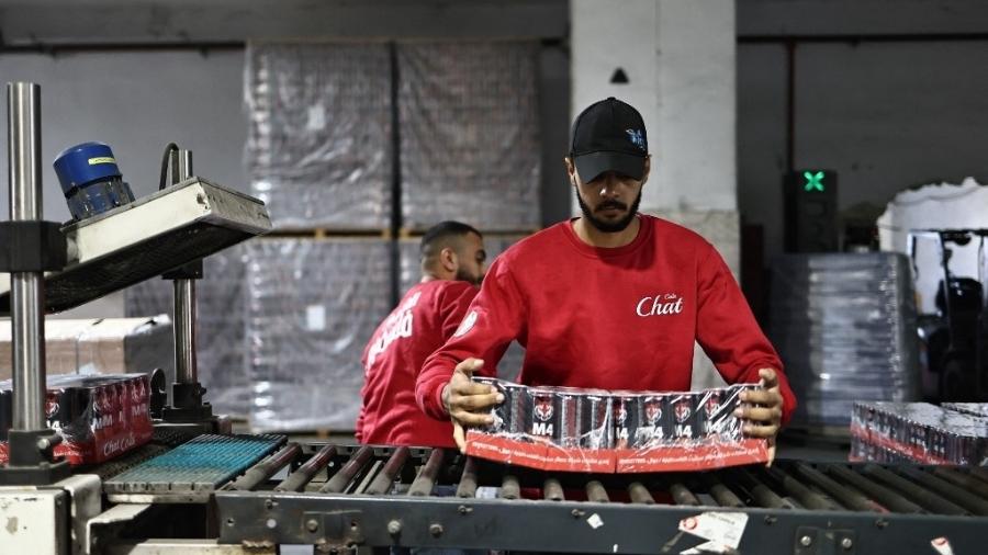 Funcionários trabalham na fábrica da empresa palestina de bebidas Chat Cola, na cidade de Salfit, na Cisjordânia, em 6 de novembro de 2024