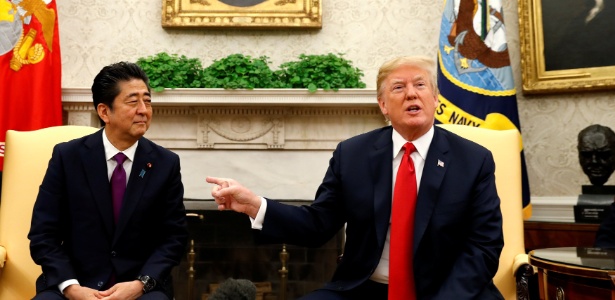 7.jun.2018 - Donald Trump e o premiê do Japão, Shinzo Abe, na Casa Branca - REUTERS/Kevin Lamarque