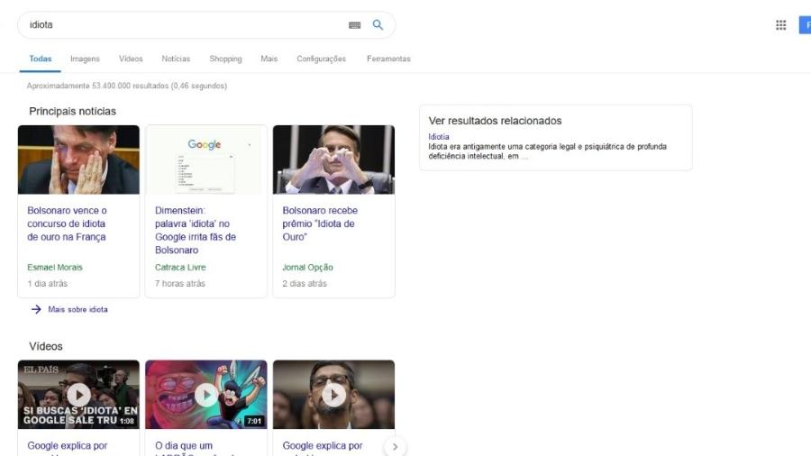 Buscou "idiota" no Google? Ferramenta de pesquisa vai mostrar links sobre o presidente eleito Jair Bolsonaro - Divulgação/Google