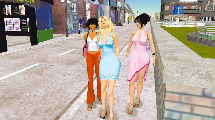 Personagens virtuais passeiam por uma das ruas do Second Life, em 2008 - Reprodução - Reprodução