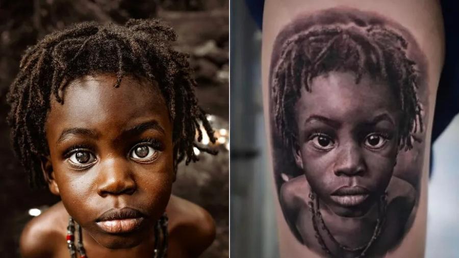 Tatuador de São Paulo desenhou rosto de menino negro na pele de uma pessoa não identificada. Mãe da criança não deu autorização e acionou a Justiça contra o artista - Reprodução